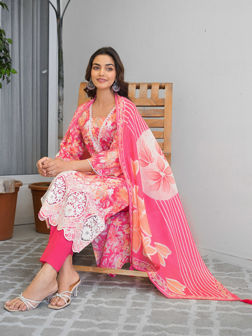 Bright Pink Floral Printed Motifs Kurta Set for Women - TLS