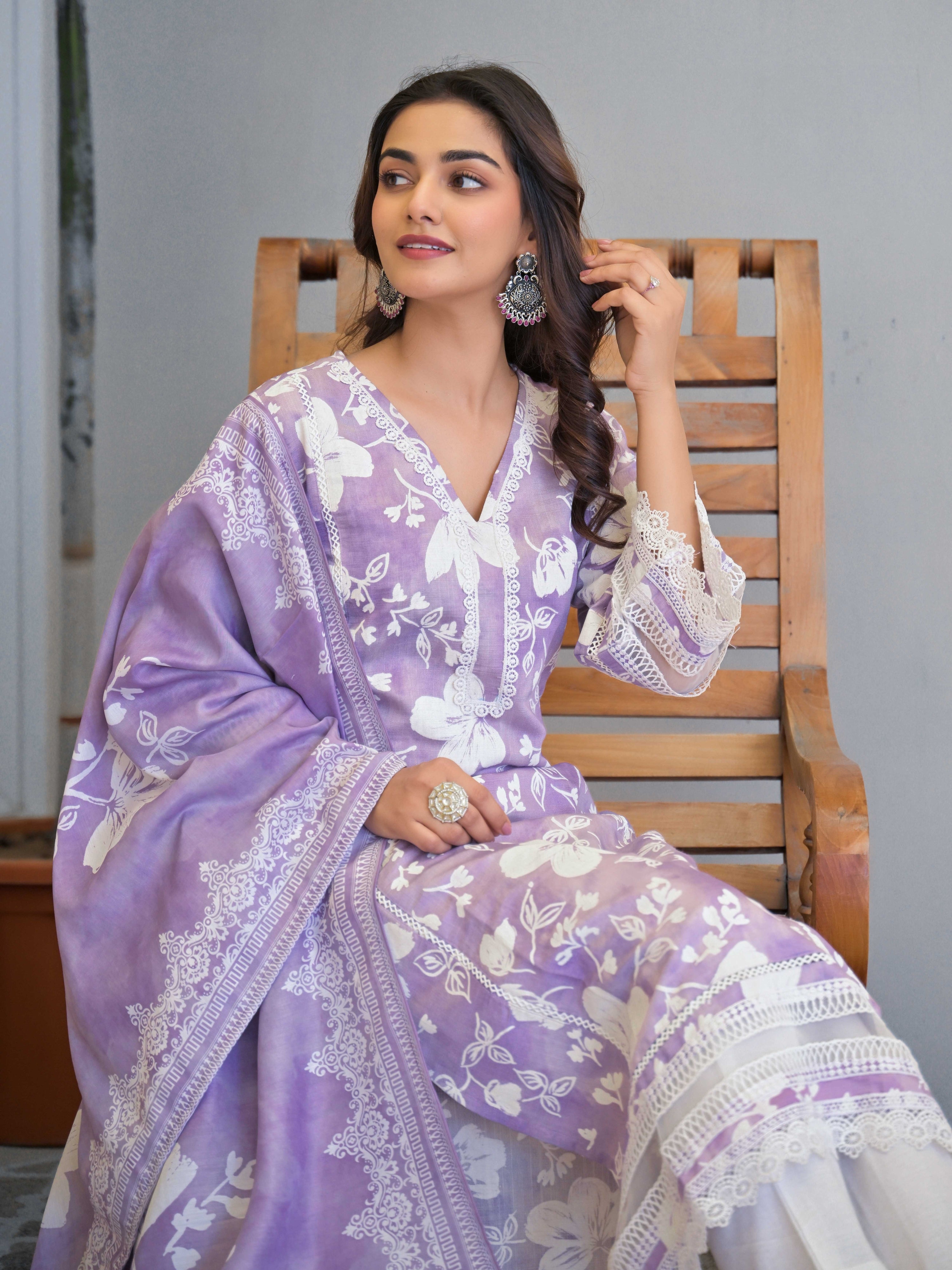 Purple Floral Printed Motifs Kurta Set for Women - TLS
