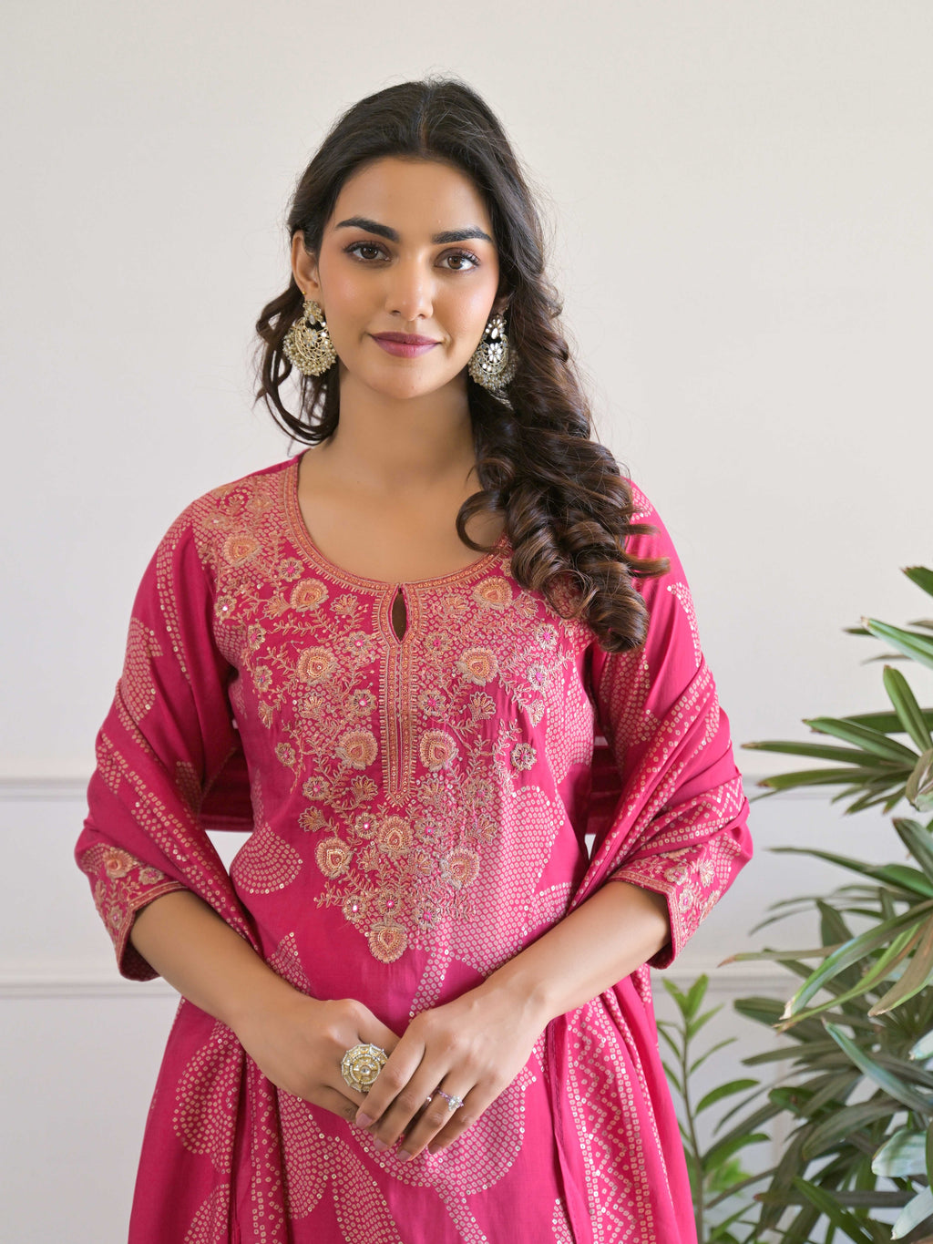 Pink Floral Thread Work Kurta Set for Women - TLS