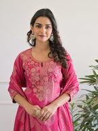 Pink Floral Thread Work Kurta Set for Women - TLS