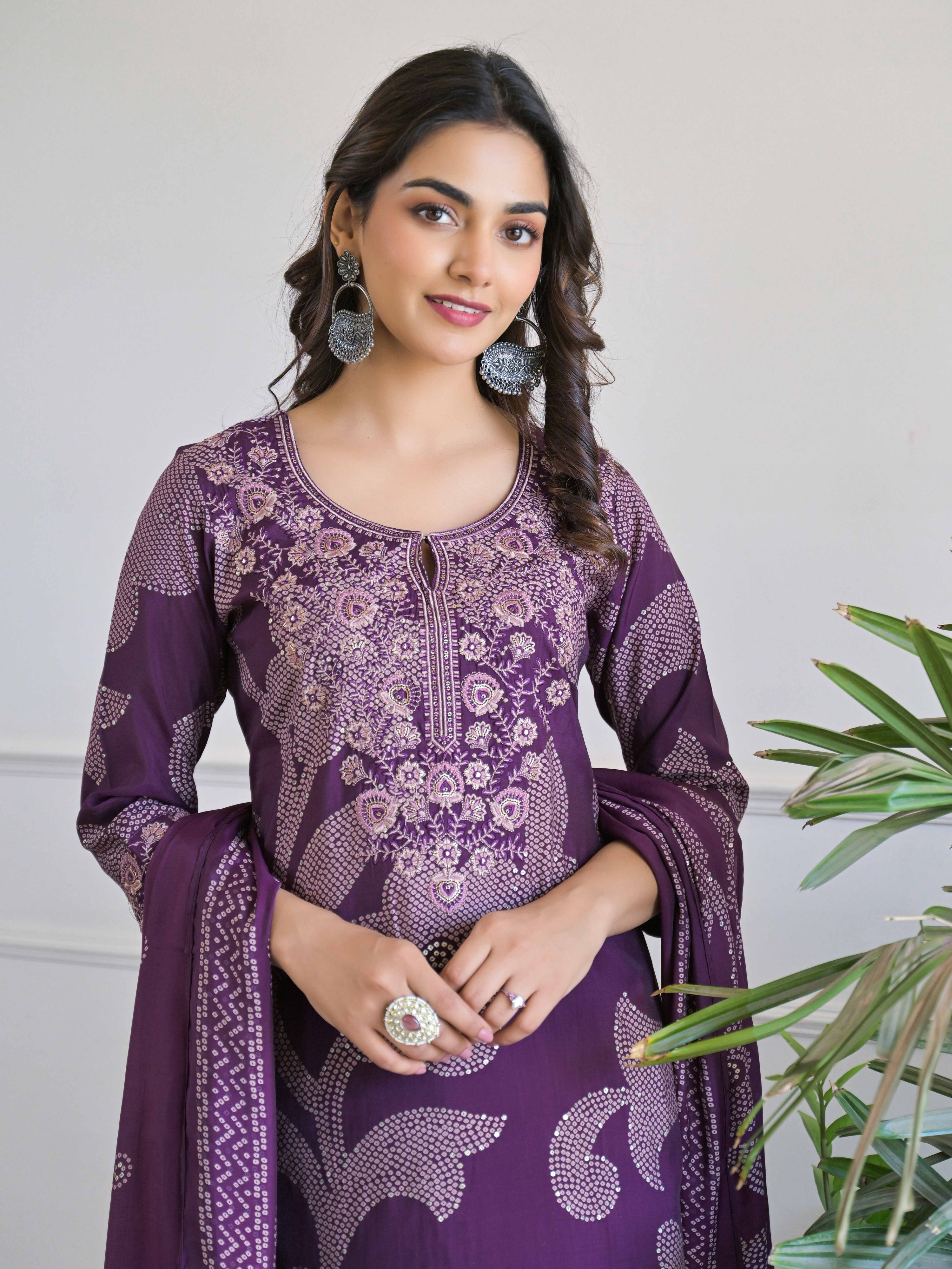 Purple Floral Thread Work Kurta Set for Women - TLS