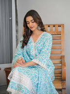 Light Blue Floral Printed Motifs Kurta Set for Women - TLS