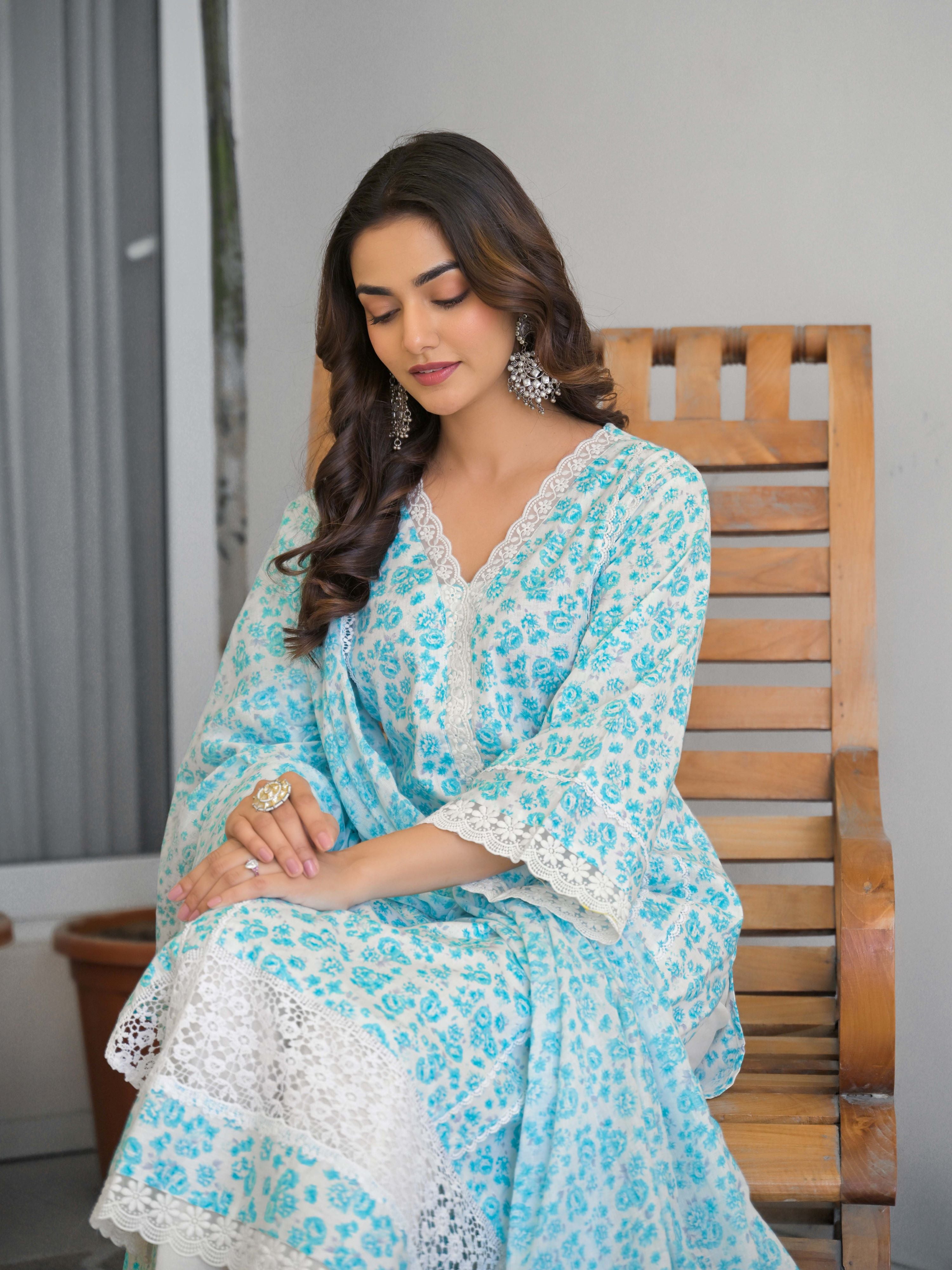 Light Blue Floral Printed Motifs Kurta Set for Women - TLS