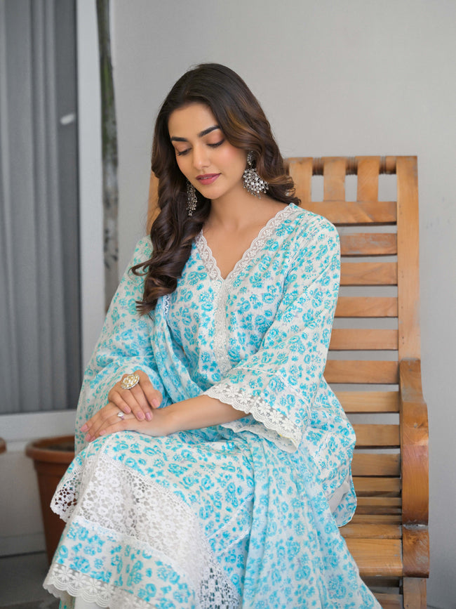Light Blue Floral Printed Motifs Kurta Set for Women - TLS Hover Image