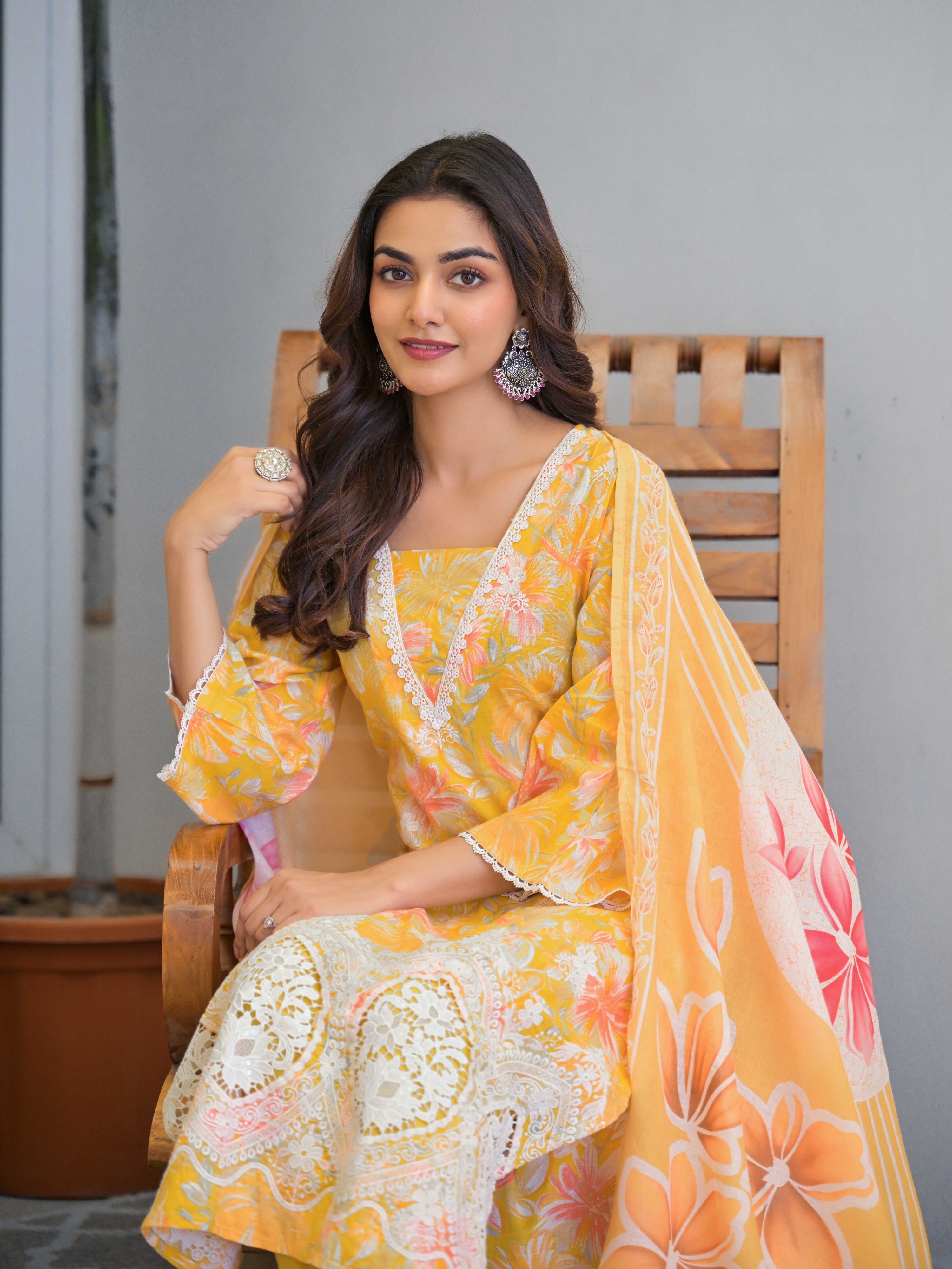 Yellow Floral Printed Motifs Kurta Set for Women - TLS