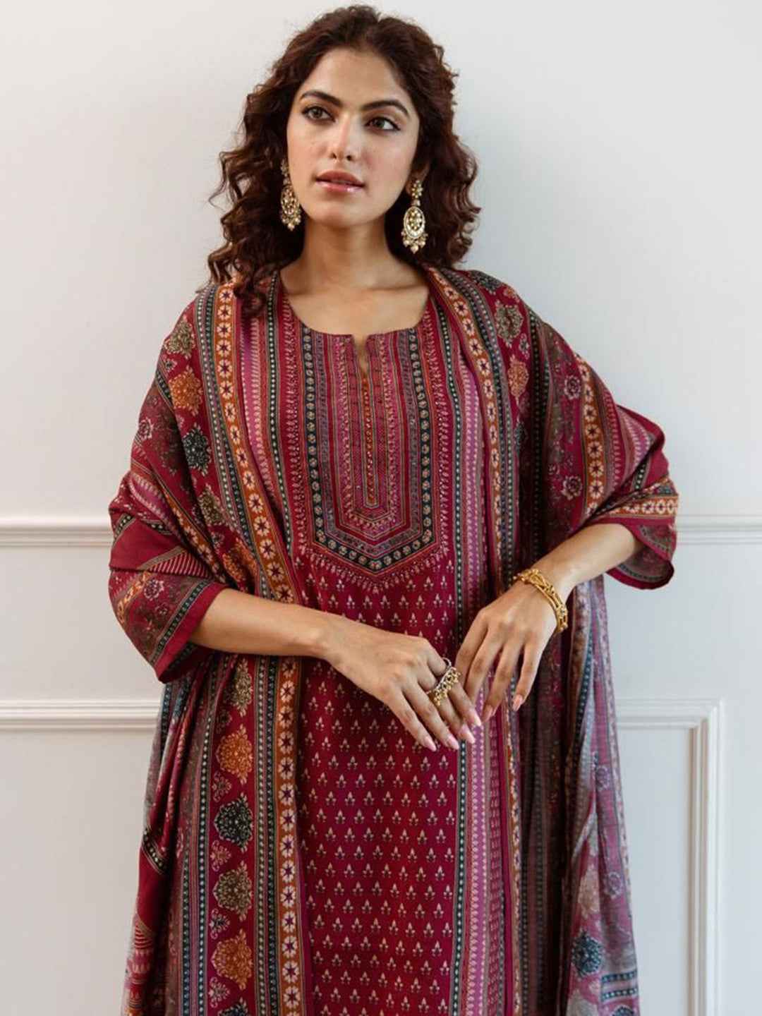 Maroon Printed Woolen Kurta Set with Dupatta – The Layer Stories