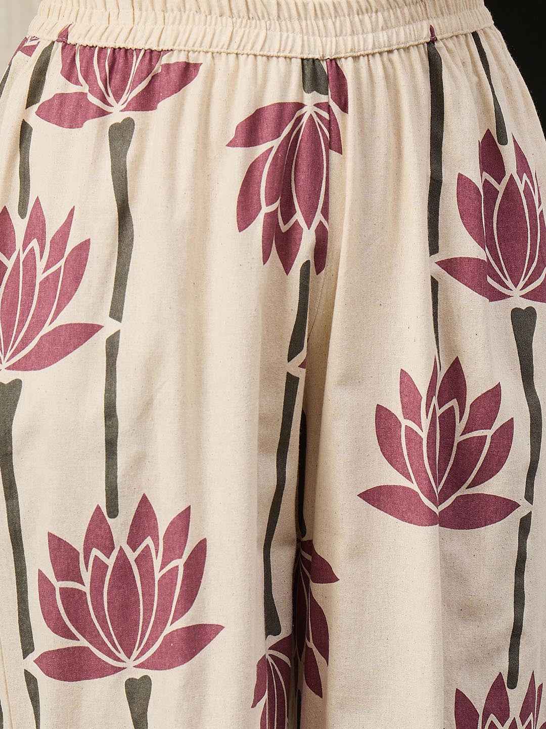Cream Maroon Lotus Printed Kurta Set – The Layer Stories