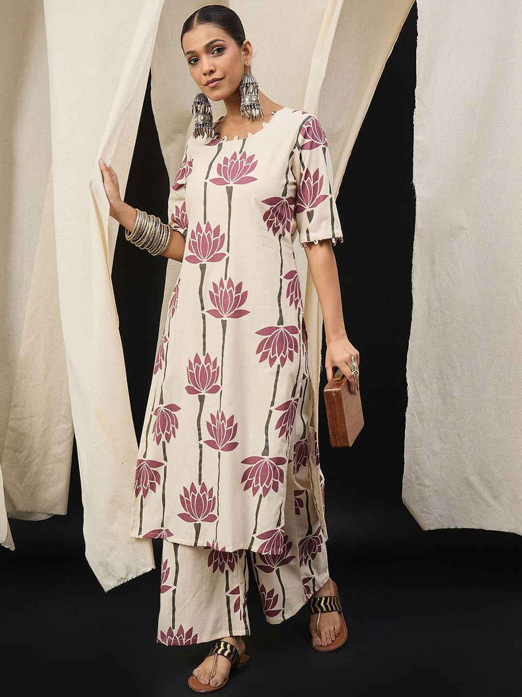 Cream Maroon Lotus Printed Kurta Set – The Layer Stories