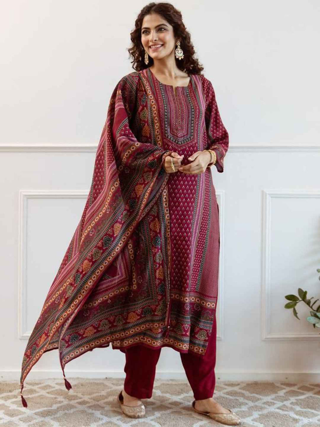 Maroon Printed Woolen Kurta Set with Dupatta – The Layer Stories