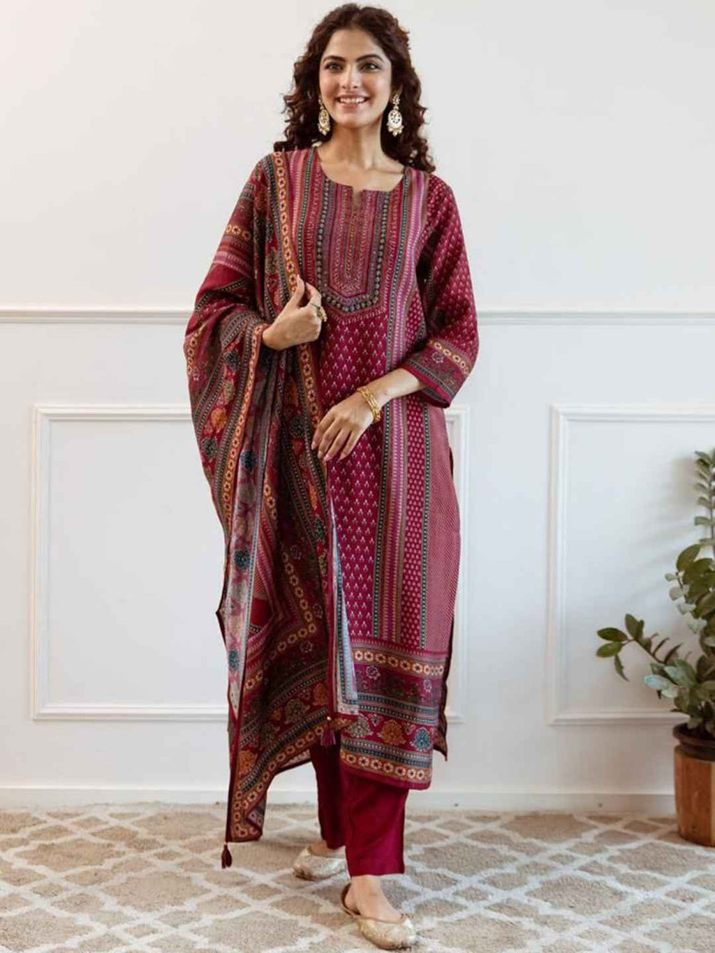 Maroon Printed Woolen Kurta Set with Dupatta – The Layer Stories