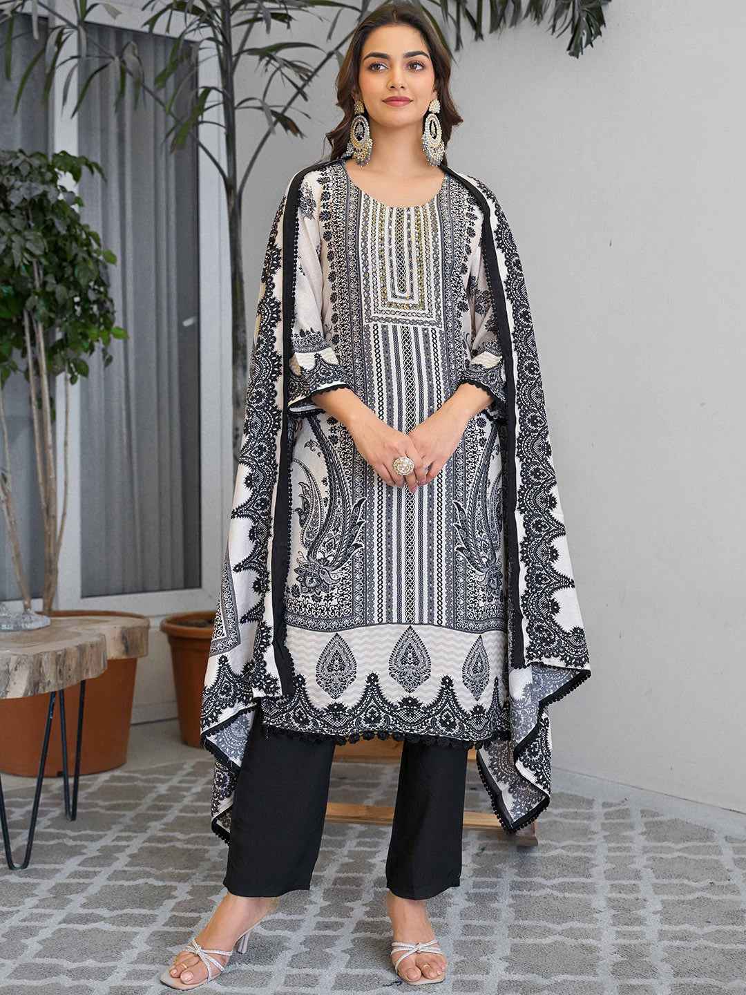 Beige Black Embroidered Suit Set with Dupatta – The Layer Stories